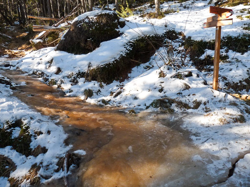 Komplett vereister Weg auf unserer Winterwanderung in Jenesien