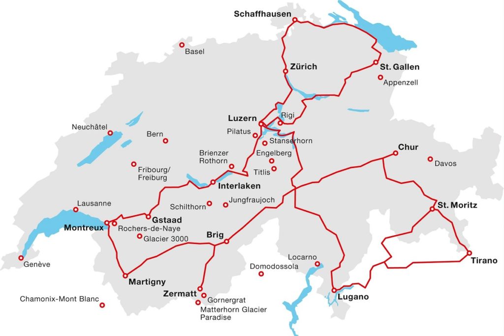 Karte der Grand Train Tour of Switzerland