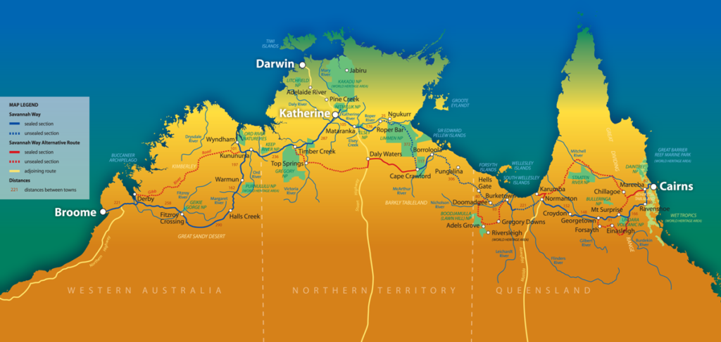 Die Strassenkarte des Savannah Way in Australien